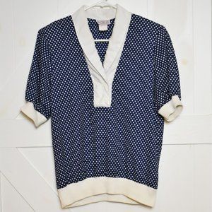 Vintage Rhoda Lee blue white polka dot blouse top half sleeve v neck size M